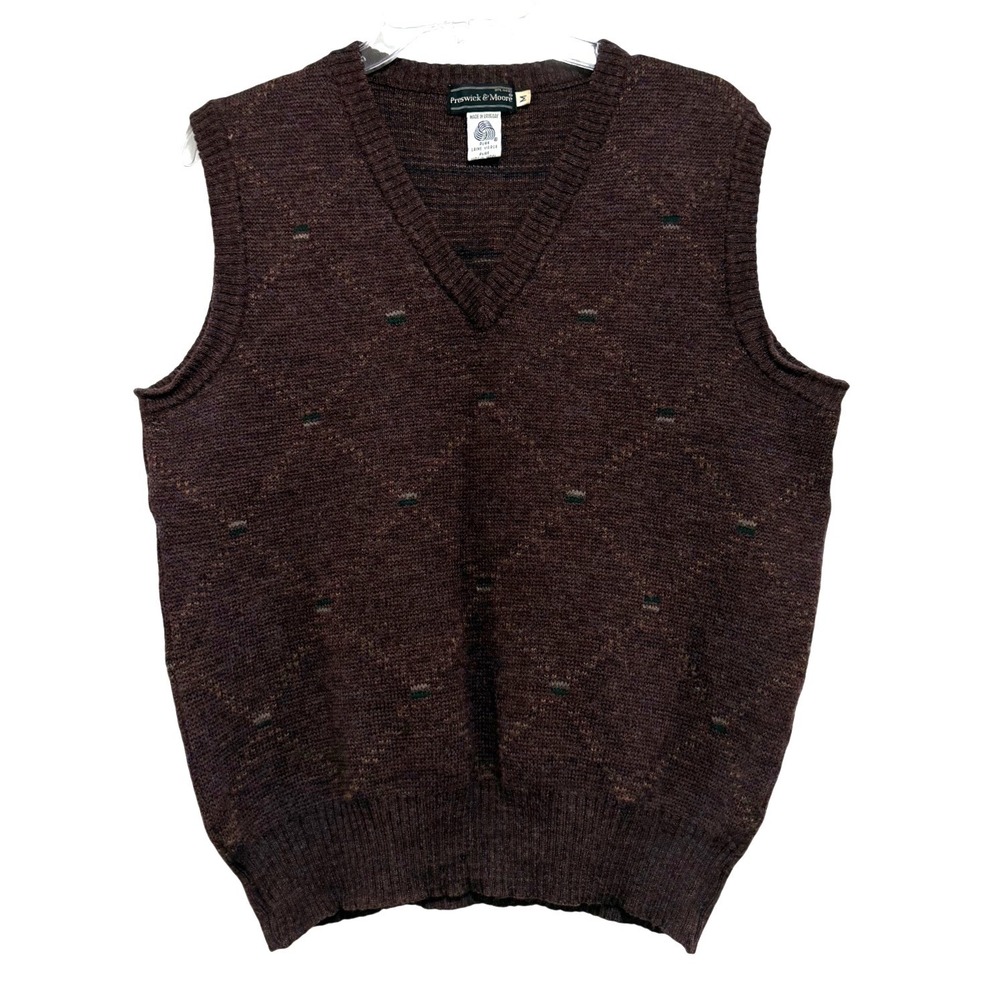 Preswick & Moore Mens Brown Pure Virgin Wool V-Neck Diamond Sweater Vest Size M